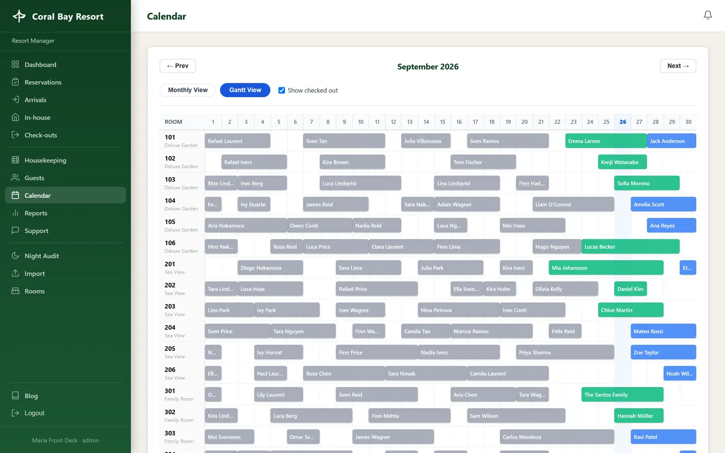 PA PMS Gantt calendar with one row per room and a bar per guest stay